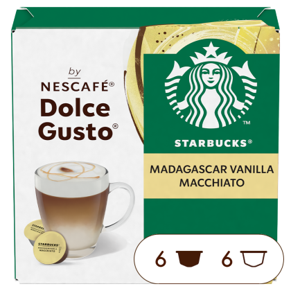 Front view of Starbucks Madagascar Vanilla Macchiato (12 pods) box